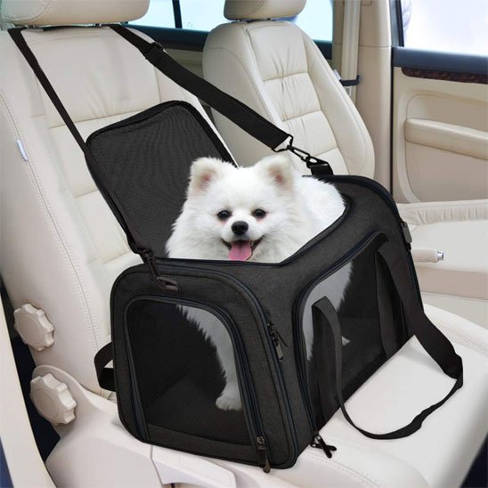 sac de transport chien noir sur siège voiture beige