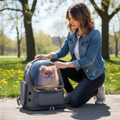 Sac transport Chien femme sortant son chien du sac