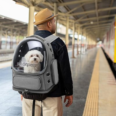 Sac transport Chien sur le dos d'un homme avec son chien
