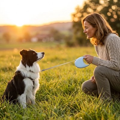Safe Lock Laisse enrouleur Chien dans un près chien et maîtresse assis herbe