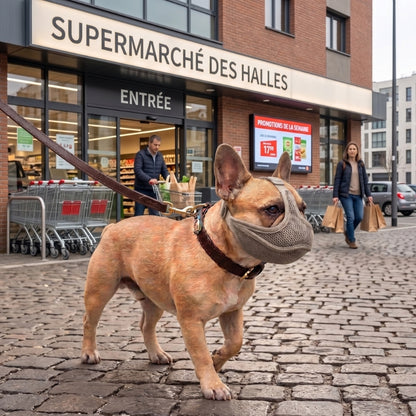 Sortie supermarché chien muselière adaptee aux chiens brachycéphale