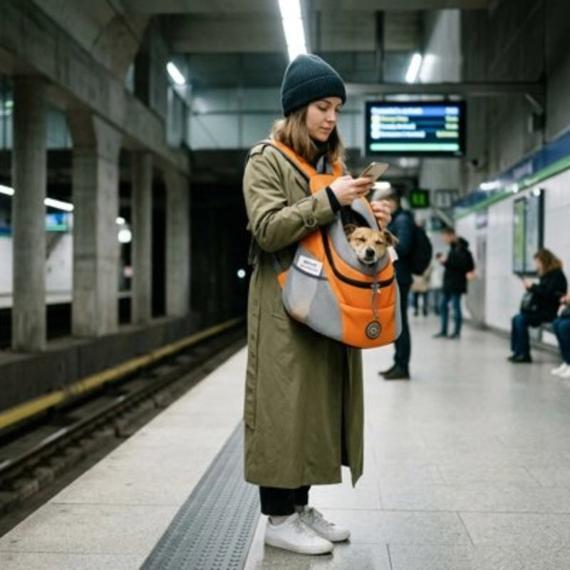 Sur quai de gare une jeune femme à Sac a dos chien