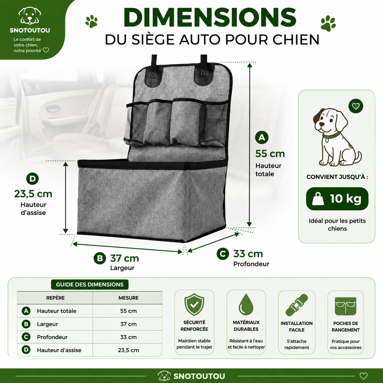 Taille siège auto pour chien gris
