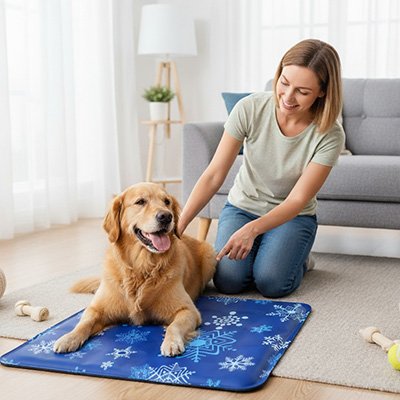 Tapis rafraîchissant Chien allongé et femme à côté du chien