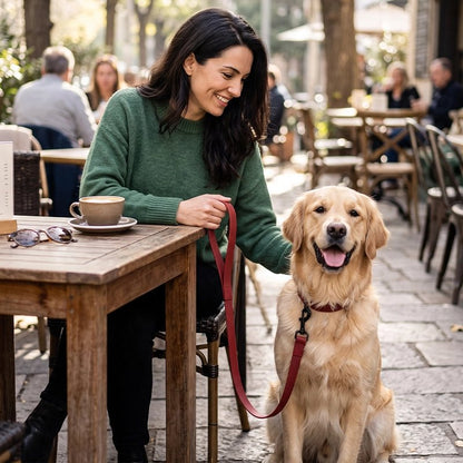 Terrasse café femme avec son chien en Laisse pour Chien bordeaux