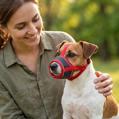 Terrier avec sa Muselière pour chien​ rouge