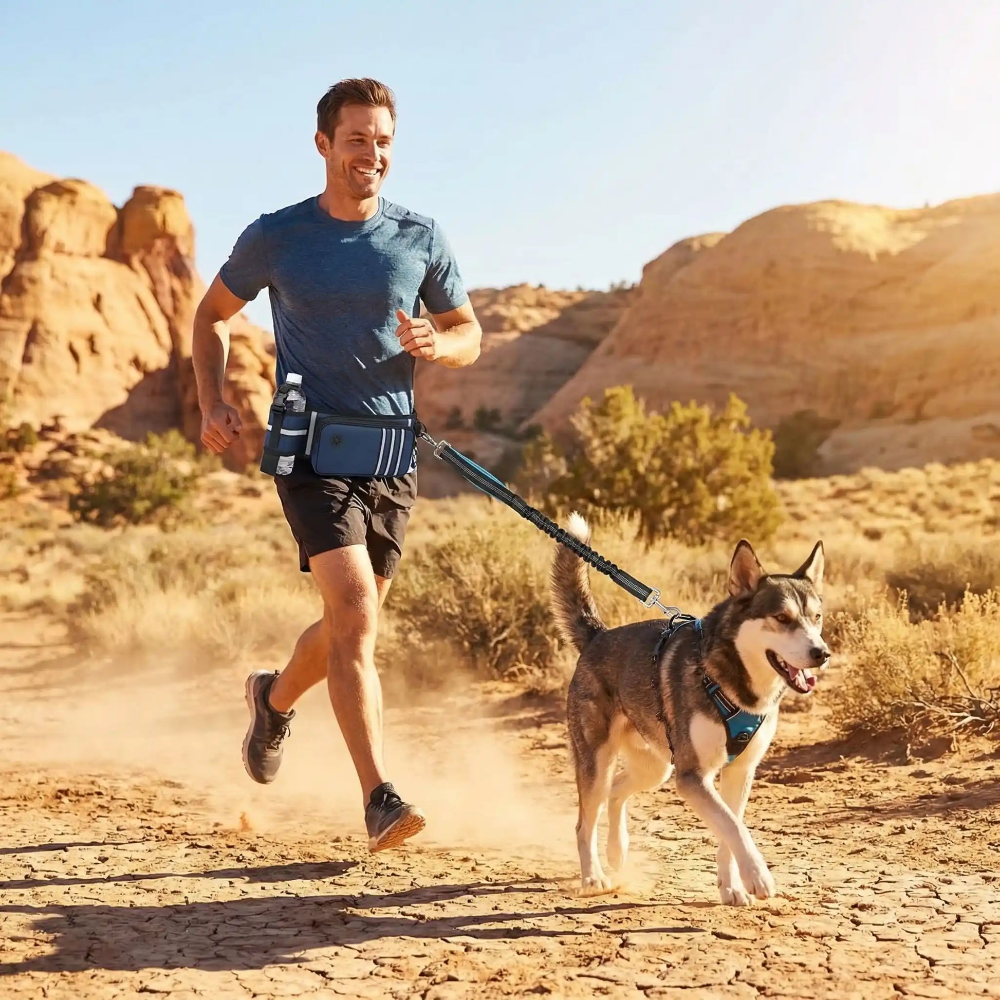 torun homme courant desert laisse canicross chien