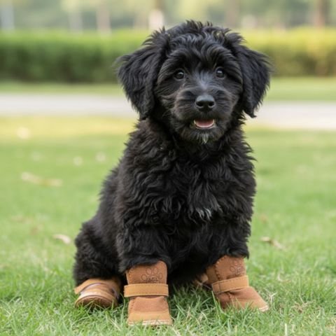 un chien assis avec ces Chaussure pour Chien