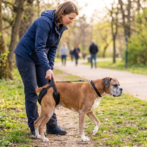Un chien balade grâce au harnais levage chien noir