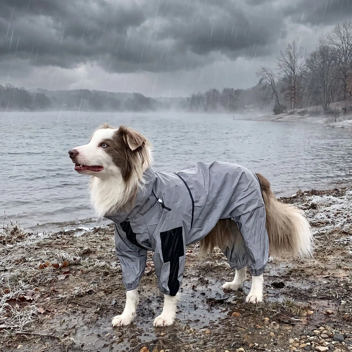 Un chien balade lac combinaison imperméable chien