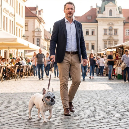 Un chien balade place public muselière pour chien brachycéphale