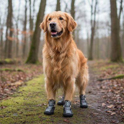 Un chien dans la forêt de promène avec ces chaussures pour chien 