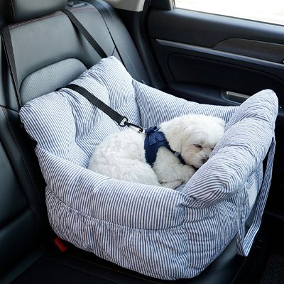un chien dors dans le Siege auto pour chien bleu blanc