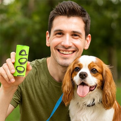 un homme et son chien avec sac a crotte​ 