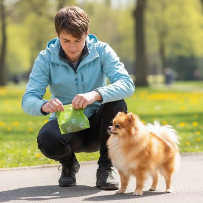 un homme ferme le sac a crotte​ vert