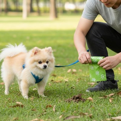 un homme ramasse crotte avec son sac a crotte​