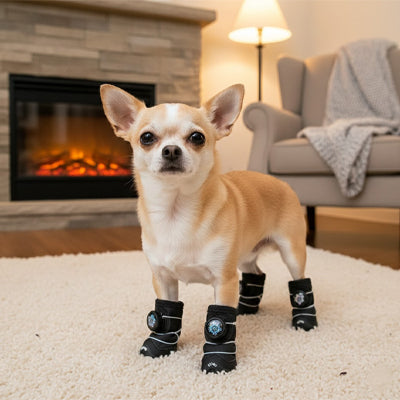 Un petit chien salon garde sur lui ces chaussure pour chien