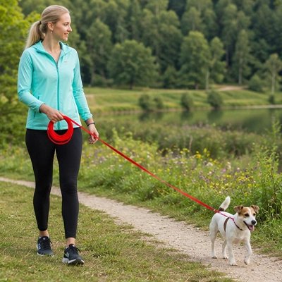 un petit chien se balade avec une Longe pour Chien rouge