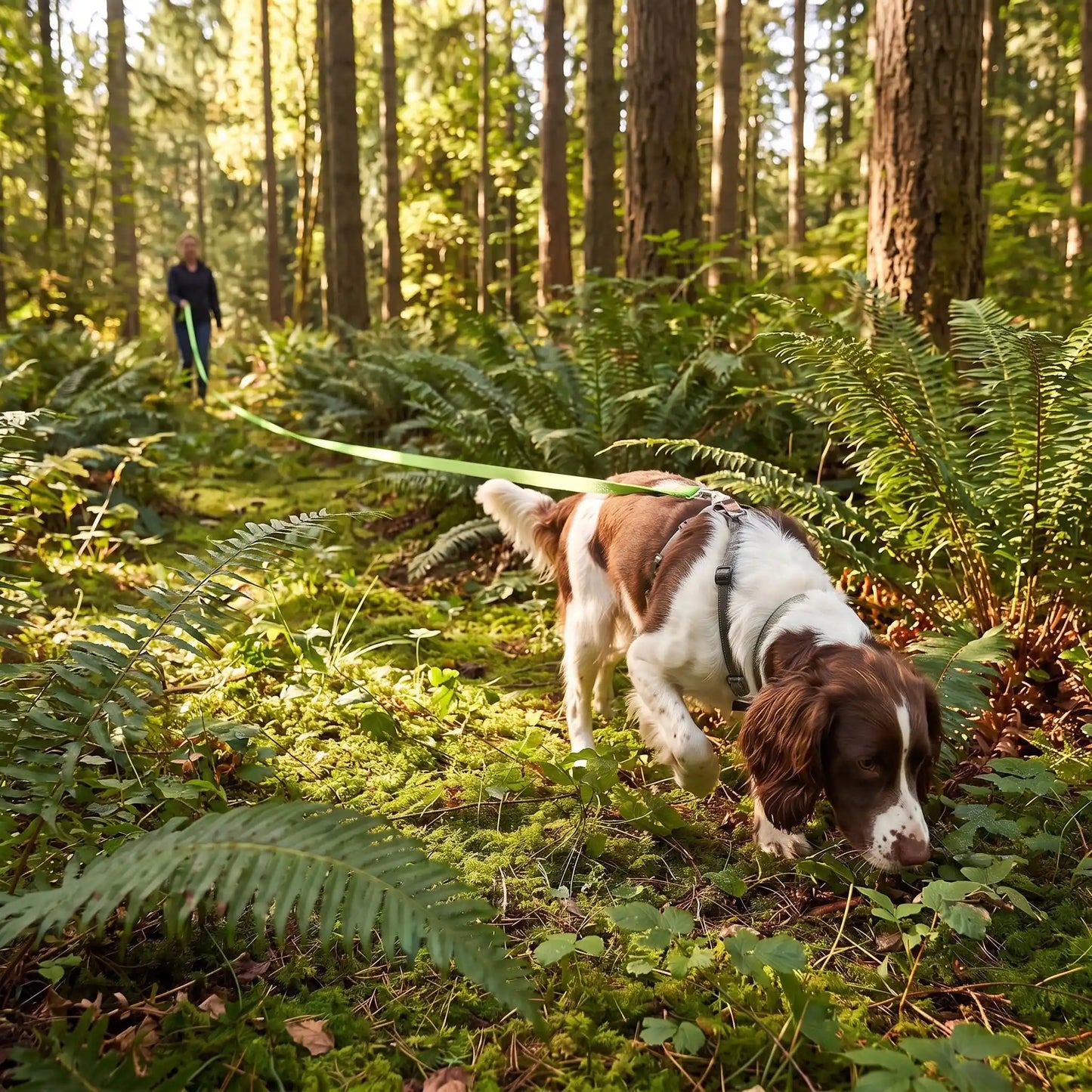 Une balade forêt fougères longe pour chien