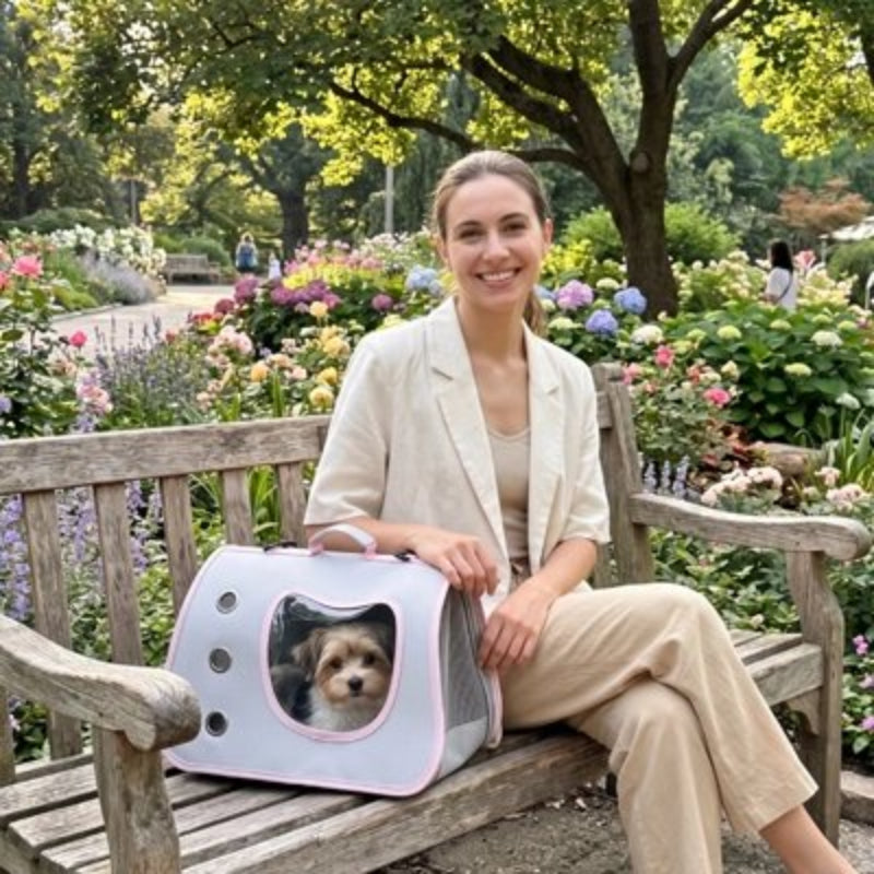 Une femme assise avec son chien dans Sac de transport pour Chien