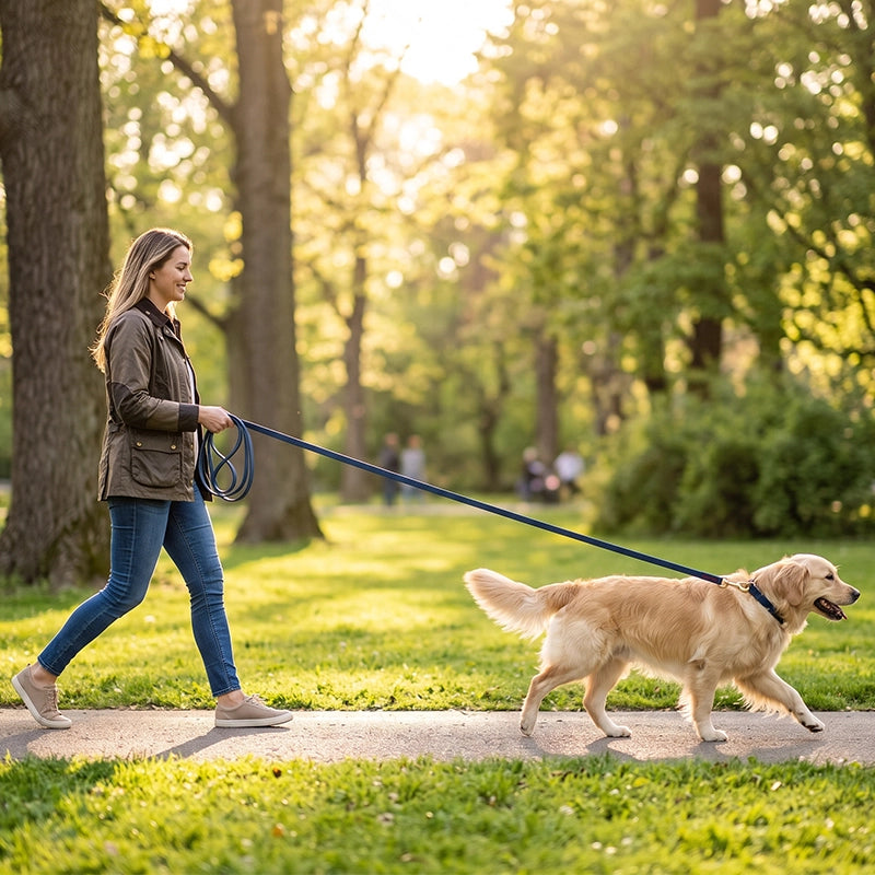 Une femme balade labrador longe pour chien bleu