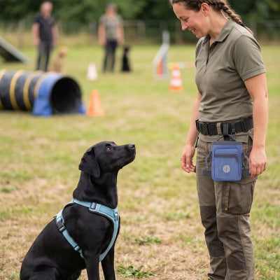 Utilisation pochette d'entraînement chien bleu