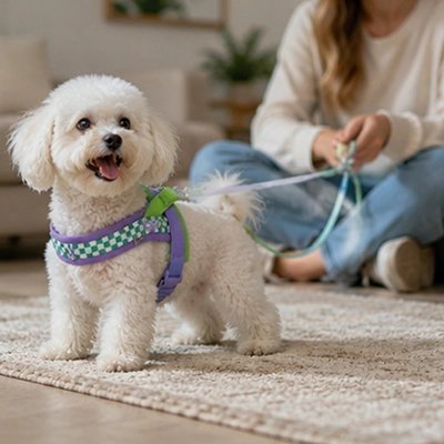 WoufStyle chien dans la maison avec son Harnais pour Chien mauve et vert