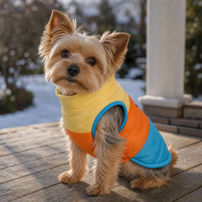 Yorkshire terrier assis terrasse bois manteau chien 