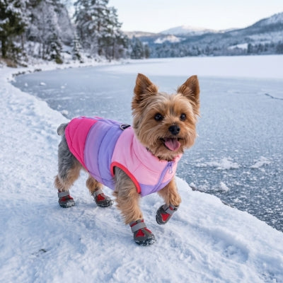 Yorkshire Terrier balade près lac gelé avec manteau chien