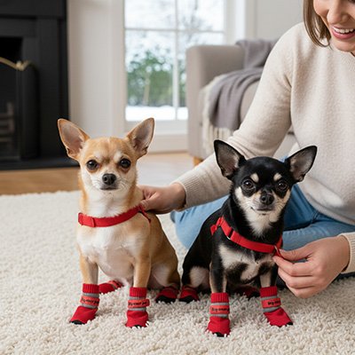 Yukon Chaussure pour Chien deux chien avec chaussures rouge