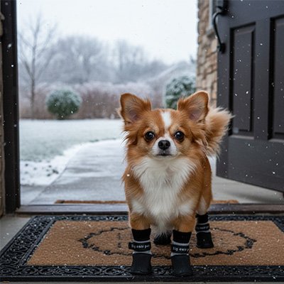 Yukon un petit chien près à partir avec ces Chaussure pour Chien Noir