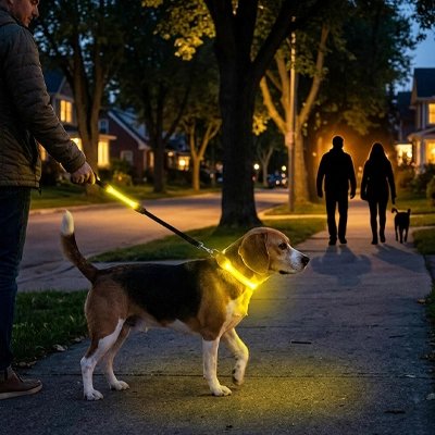 Zing Collier Chien lumineux jaune attaché sur la laisse et au cou du chien
