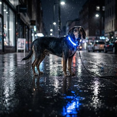 Zing Collier Chien lumineux un chien dans la nuit avec son collier bleu